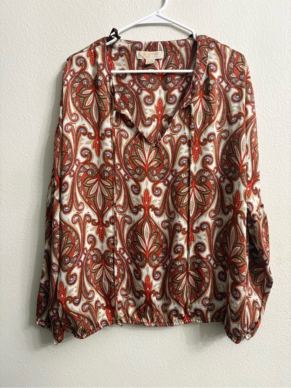 MICHAEL Kors MK Paisley Tie Neck Blouse Top Womens